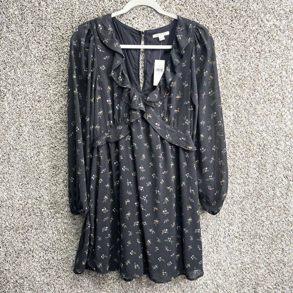 American Eagle Dress Womens Large Gray Floral Long Sleeve V-Neck Ruffle Trim NWT